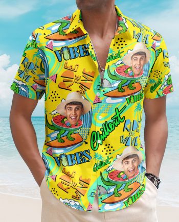 Cool Dinosaur On A Surfboard Ride The Wave - Personalized Photo Hawaiian Shirt
