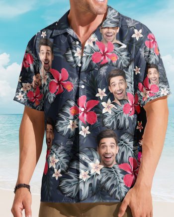 Custom Face Funny Photo For Men, Husband Red Hibiscus - Custom Photo Hawaiian Shirt