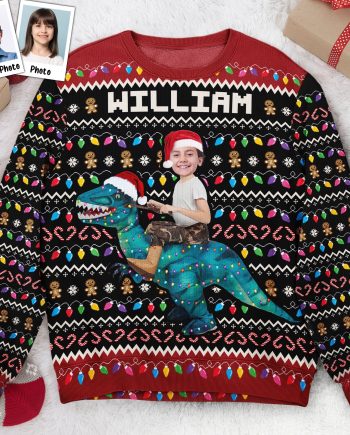 Custom Face Photo Dinosaur, Flamingo - Personalized Photo Kid's Ugly Sweater