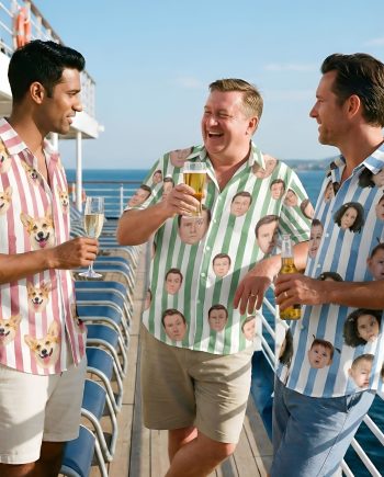 Custom Funny Face Retro Striped Pattern Trendy Summer For Family Matching - Personalized Photo Hawaiian Shirt