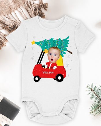 Red Car Christmas Toddler Baby Custom Face - Personalized Photo Baby Onesie